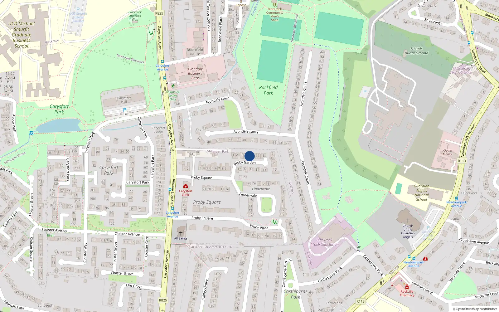 Overhead map showing the location of 5 Proby Gardens, Blackrock, Dublin