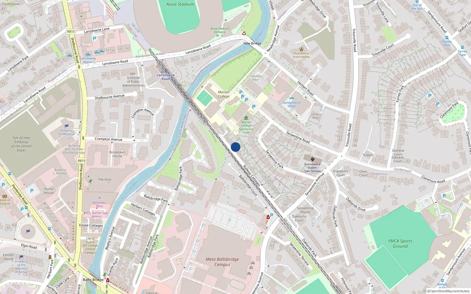 Overhead map showing the location of 5 Railway Cottages, Sandymount