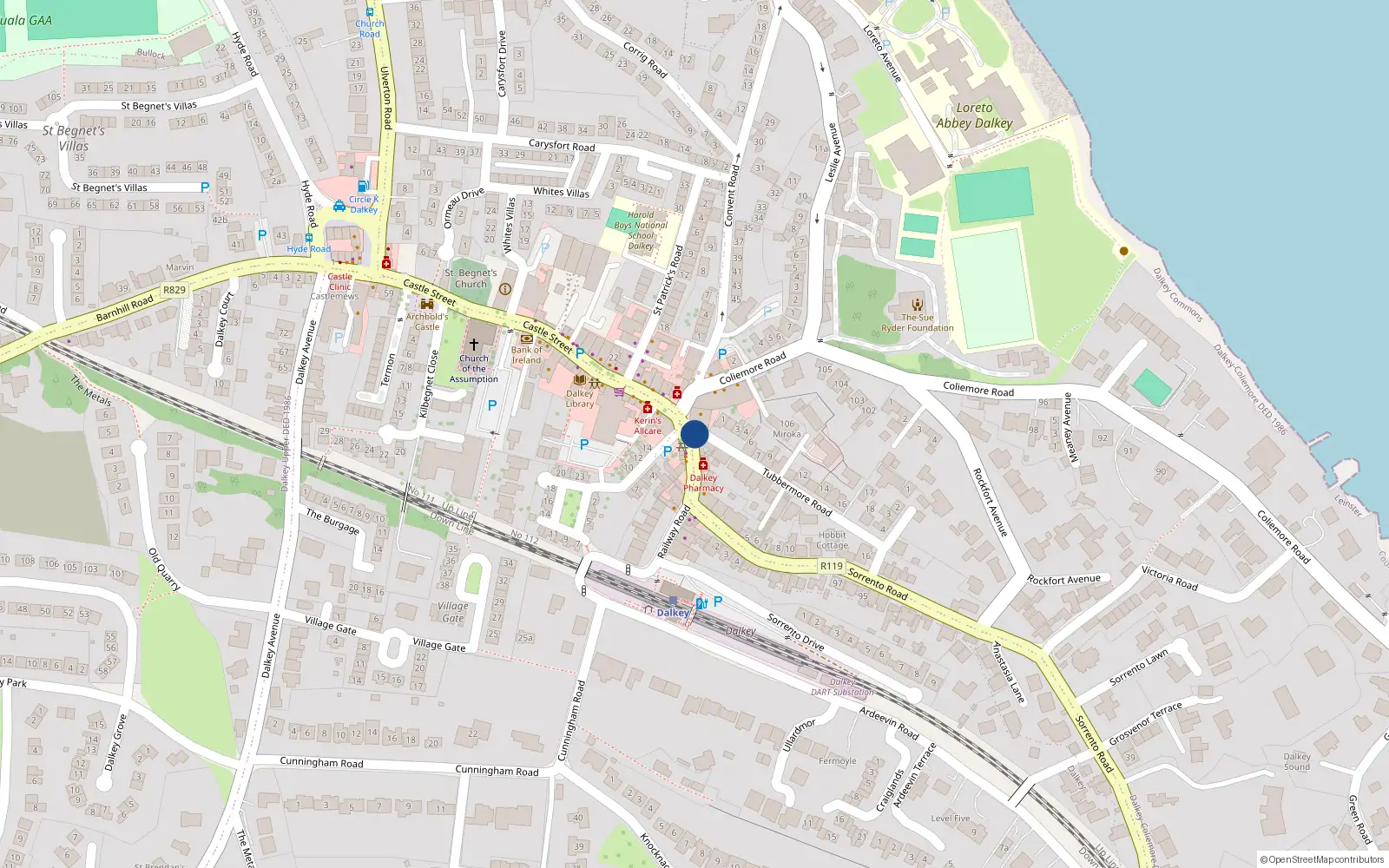 Overhead map showing the location of 1 Railway Road, Dalkey