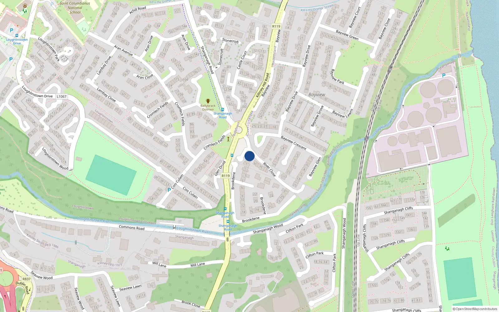 Overhead map showing the location of 5, 5 River Close, Killiney