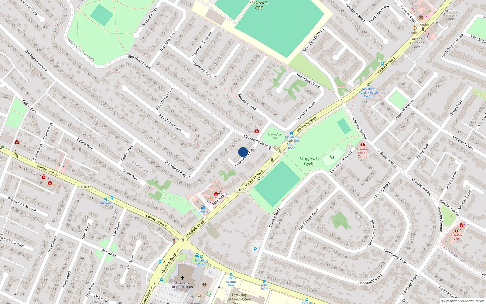 Overhead map showing the location of 5 Rosemount Place, Malahide Road, Dublin 4