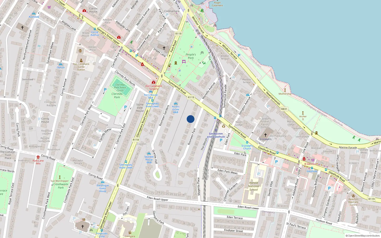 Overhead map showing the location of 5 Rosmeen Park, Dun Laoghaire, Dublin