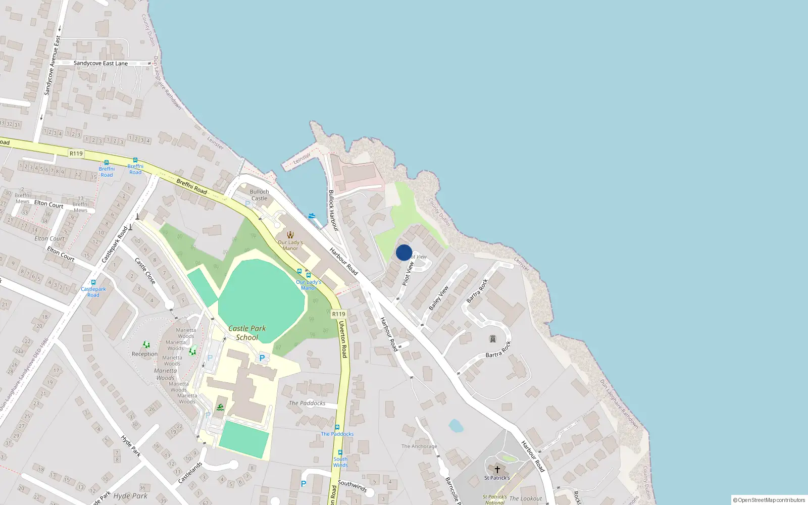 Overhead map showing the location of 5 Rossaun, Pilot View, Dalkey