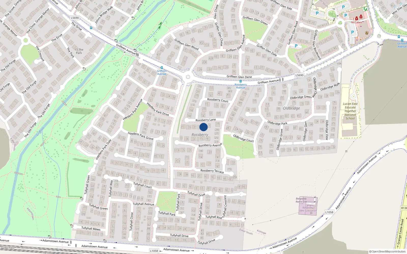 Overhead map showing the location of 5 Rossberry Lane, Lucan, Dublin