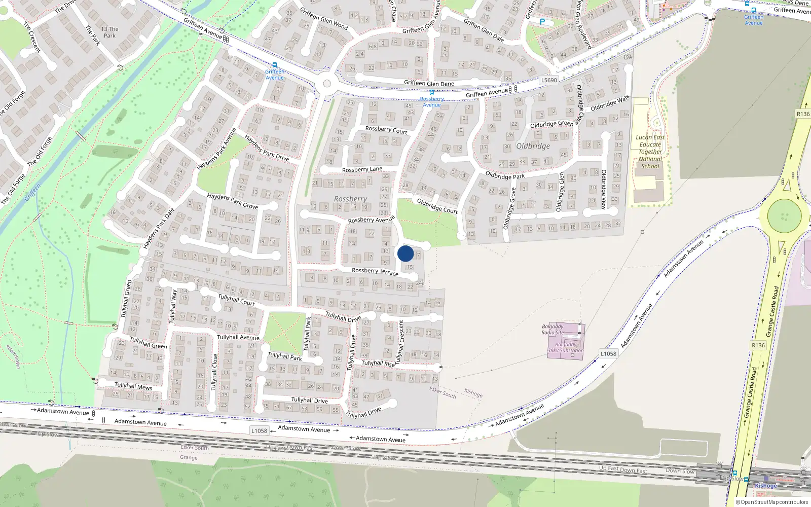 Overhead map showing the location of 5 Rossberry Park, Lucan, Dublin