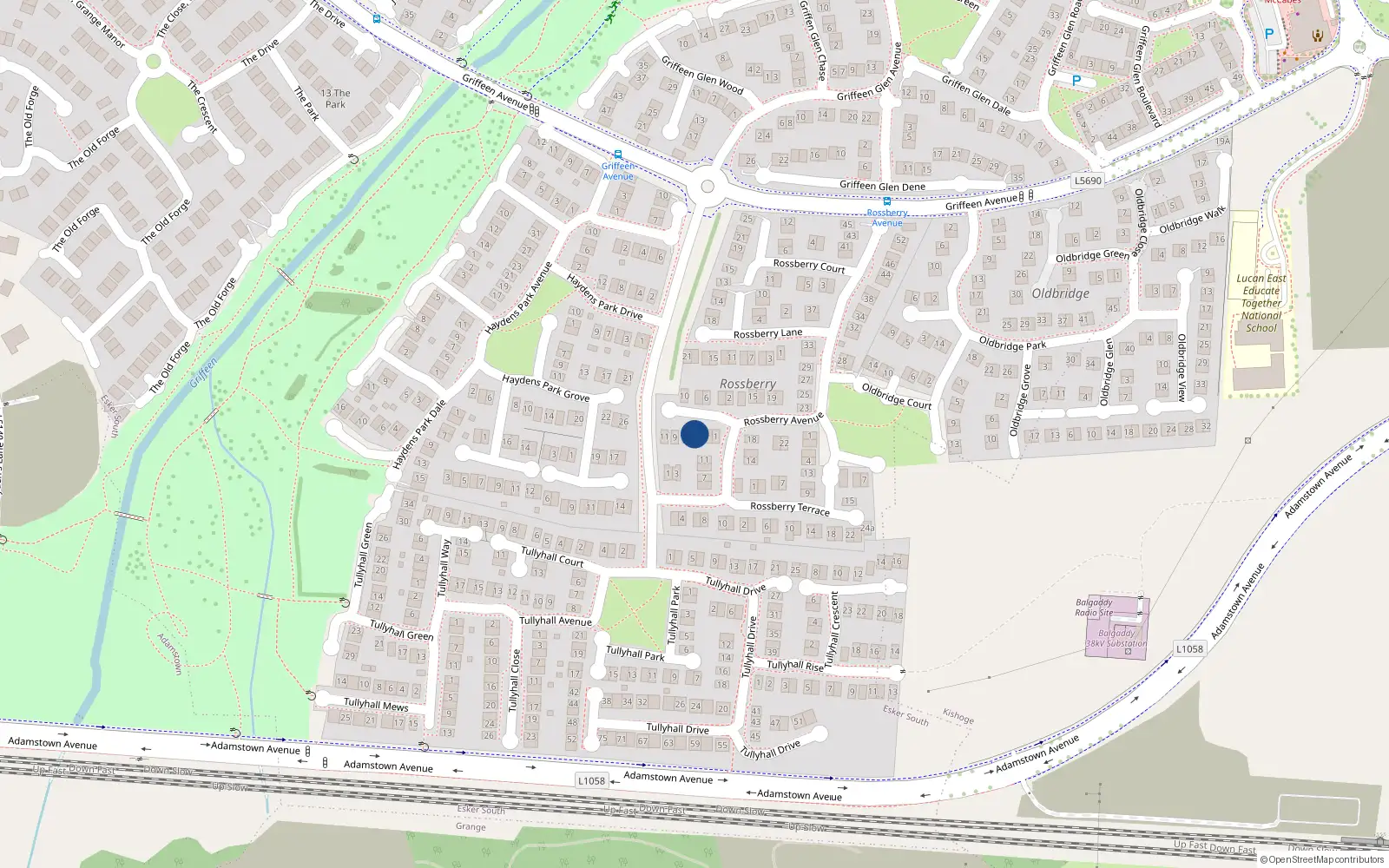 Overhead map showing the location of 5 Rossberry Place, Lucan