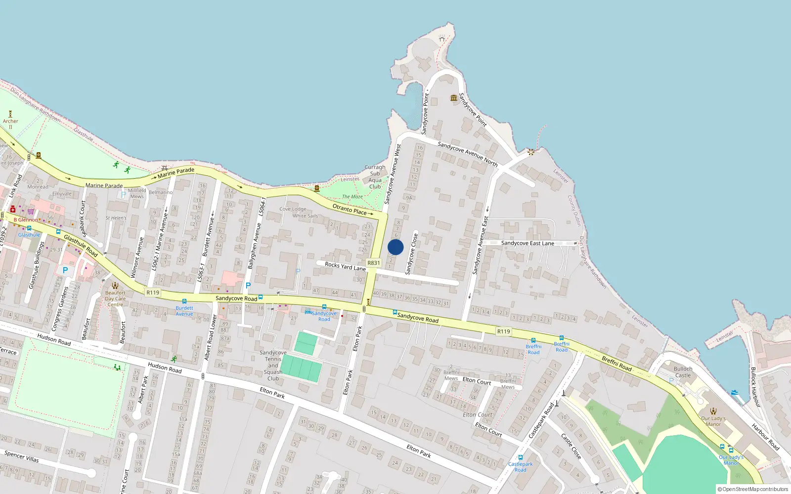 Overhead map showing the location of 5 Sandycove Avenue West, Dublin