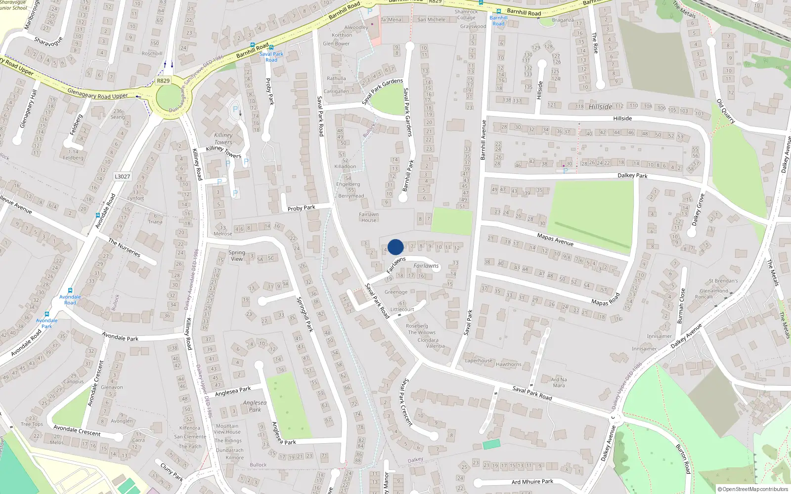 Overhead map showing the location of 5 Saval Park Road, Dalkey