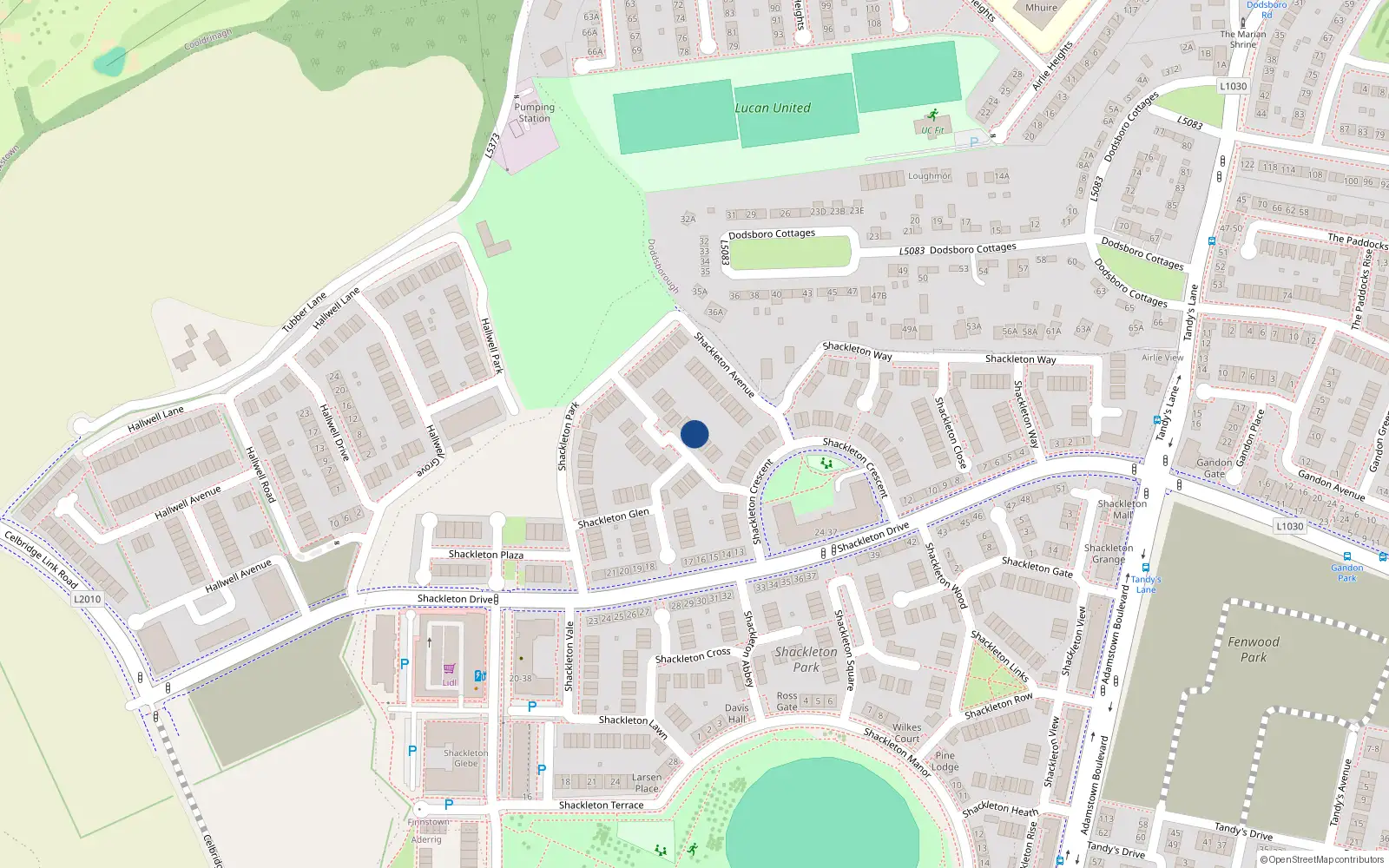 Overhead map showing the location of 5 Shackleton Grove, Lucan