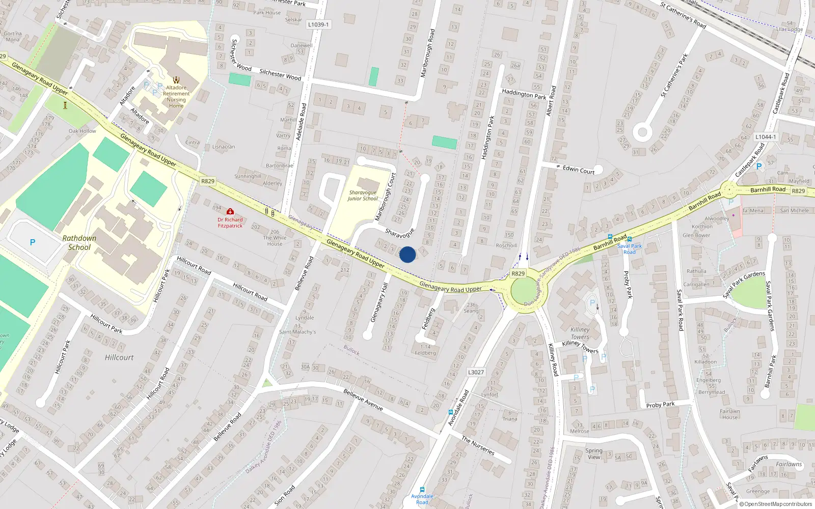 Overhead map showing the location of 5 Sharavogur, Glenageary, Dublin
