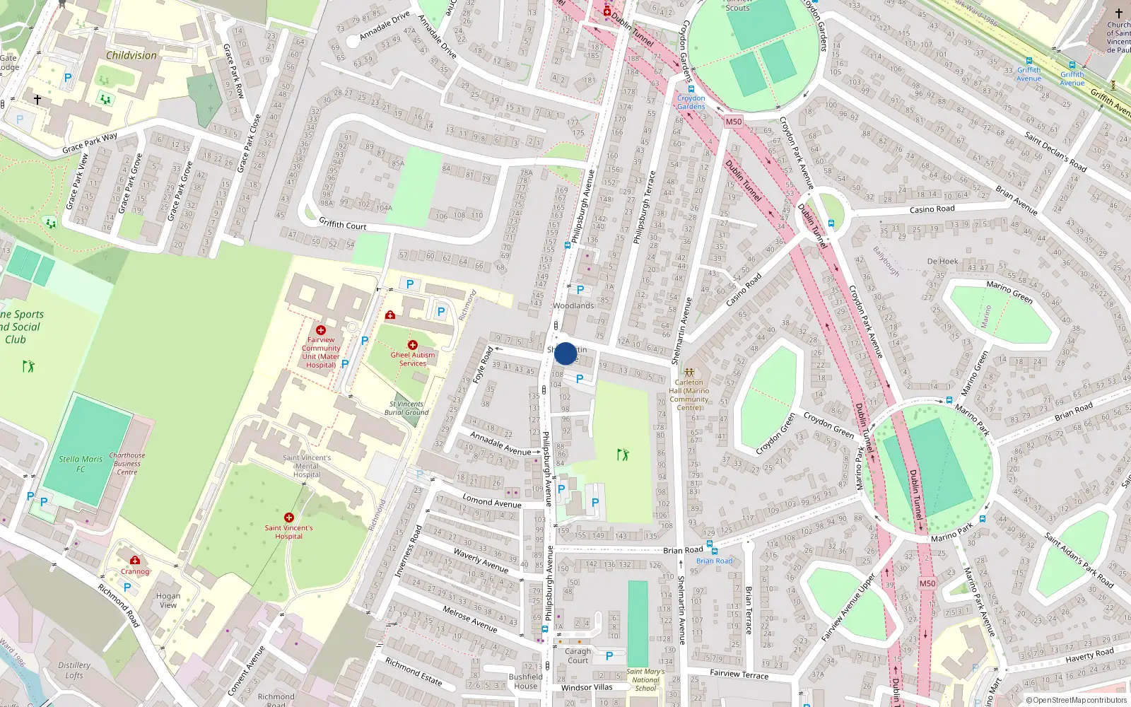 Overhead map showing the location of 5 Shelmartin Terrace, Dublin 3