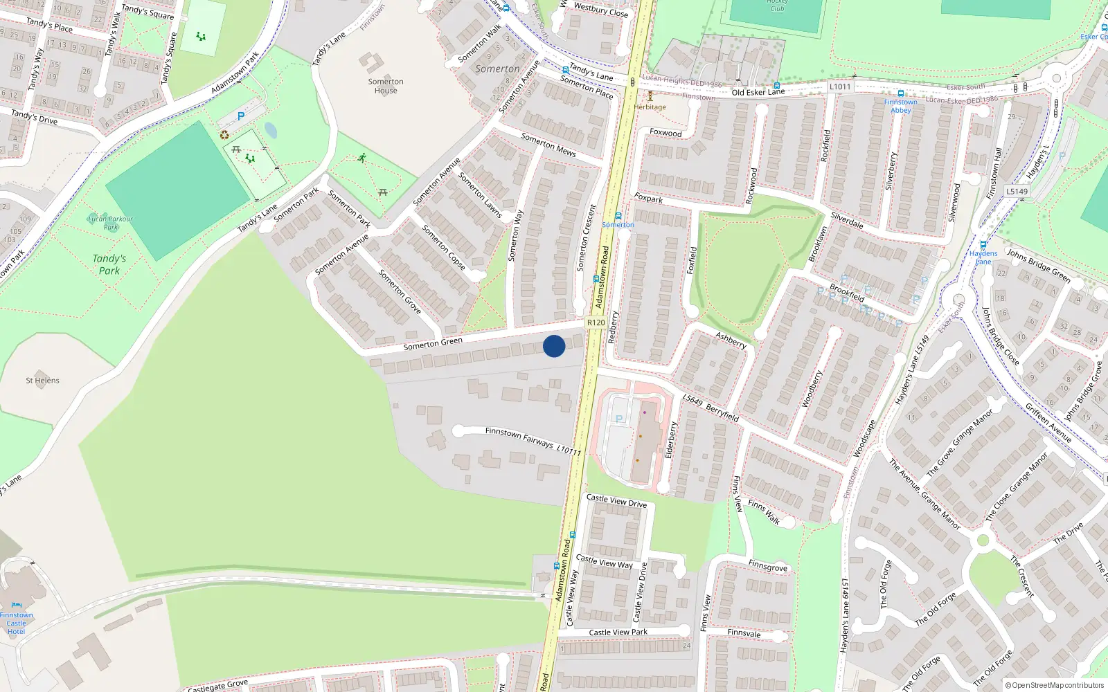 Overhead map showing the location of 5 Somerton Green, Finnstown