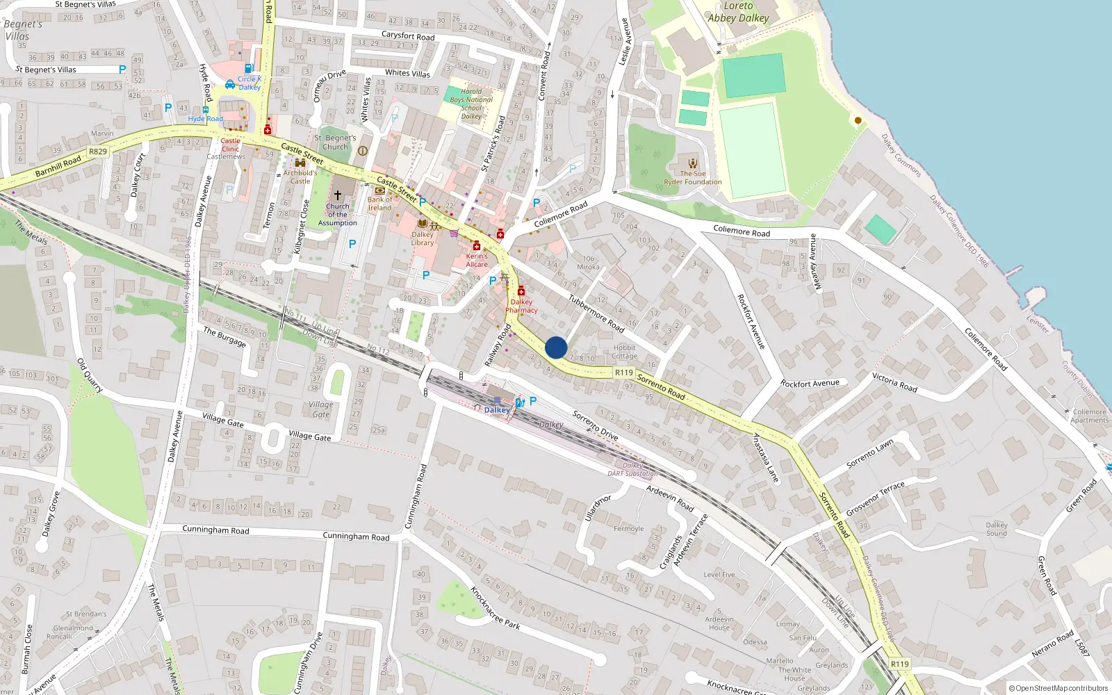Overhead map showing the location of 5 Sorrento Road, Dalkey, Dublin
