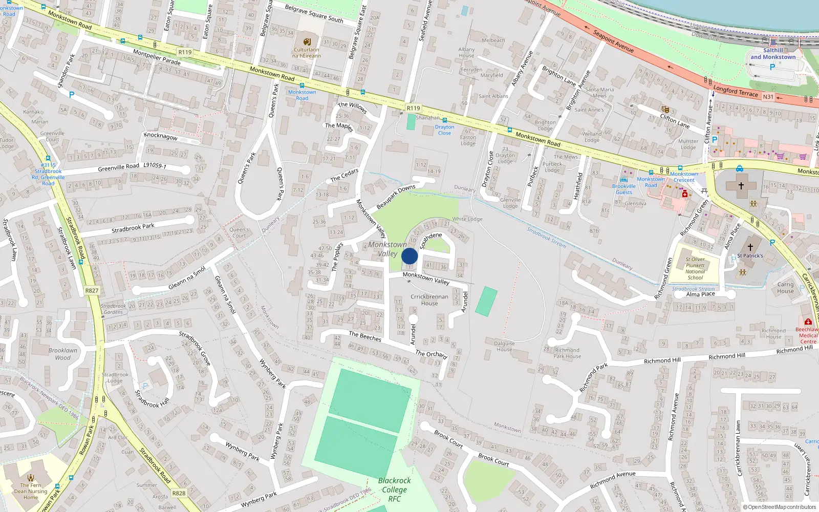 Overhead map showing the location of 5 Southdene, Dublin