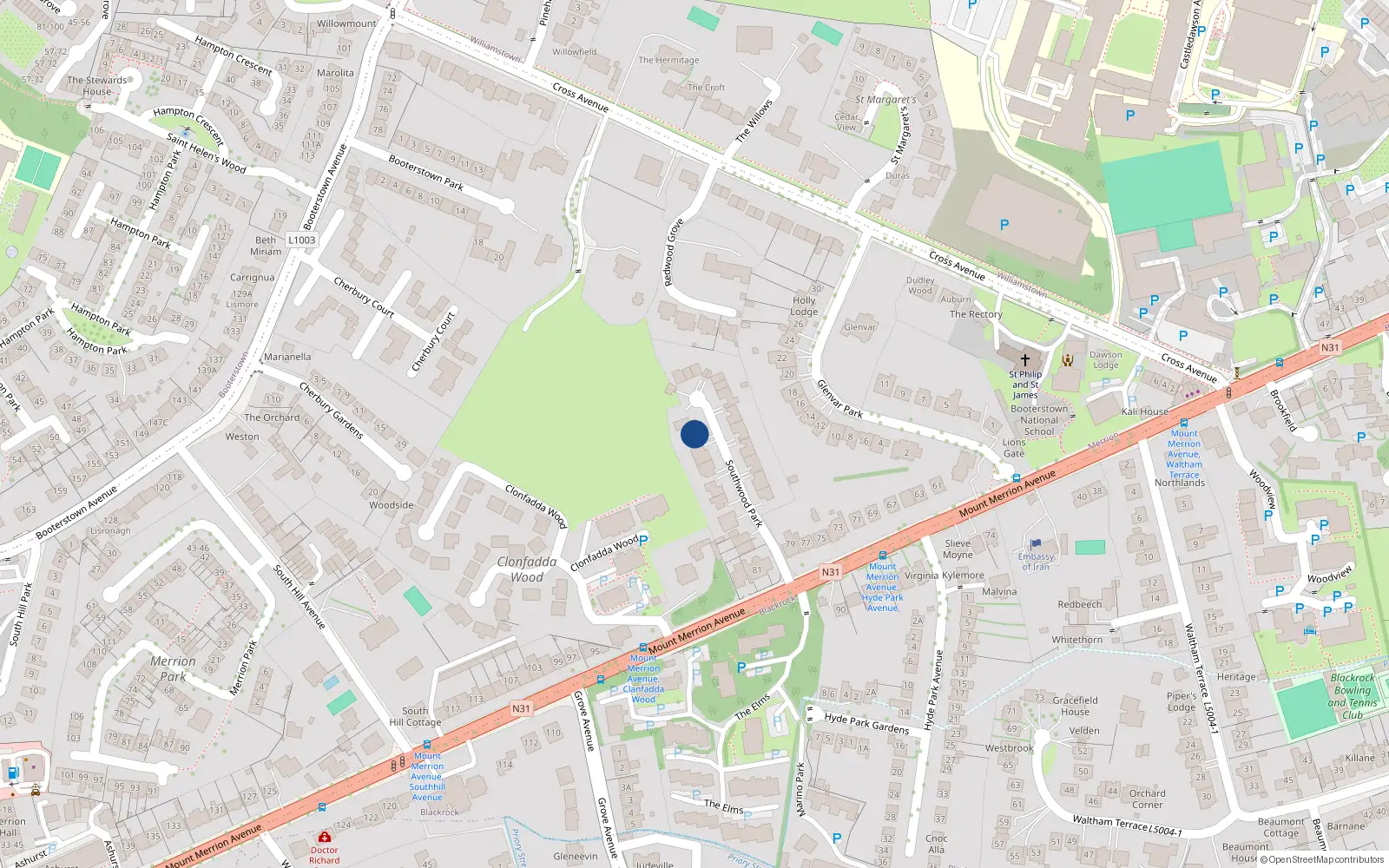 Overhead map showing the location of 5 Southwood Park, Blackrock