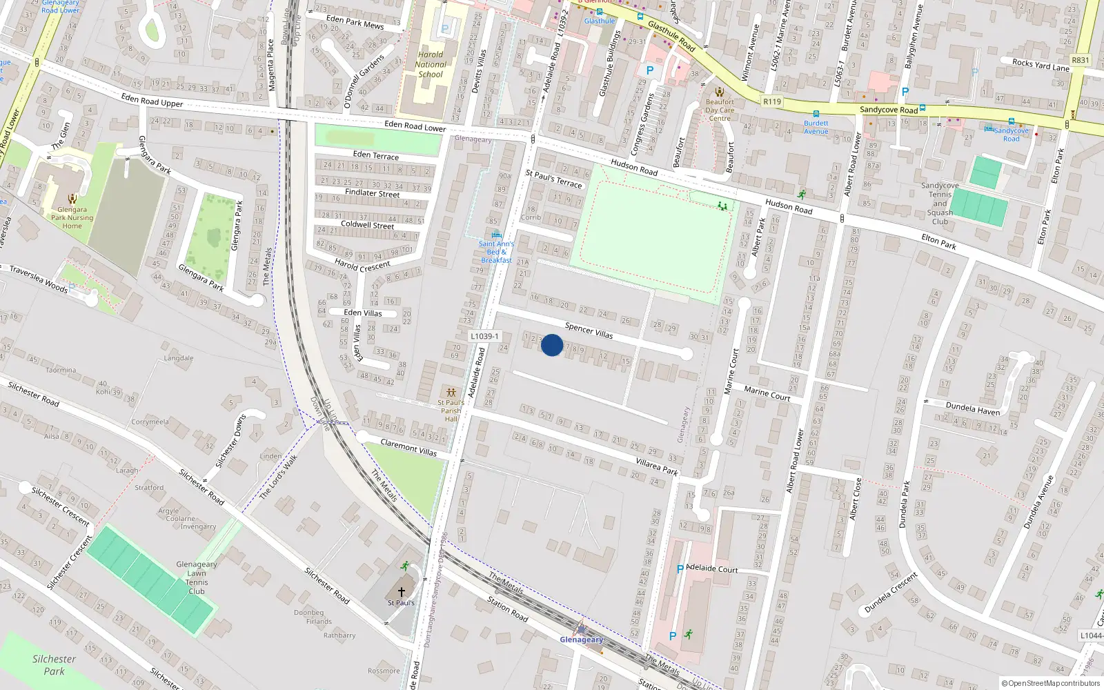 Overhead map showing the location of 5 Spencer Villas, Glenageary, Dublin