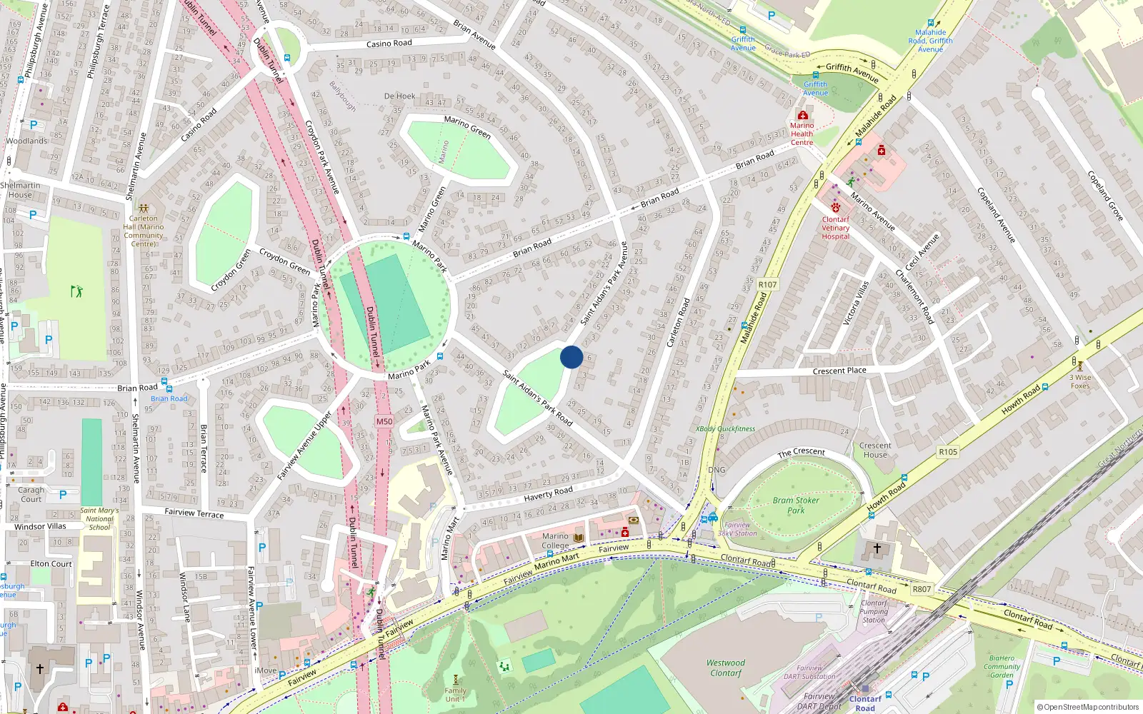 Overhead map showing the location of 5 St Aidan'a Park, Marino