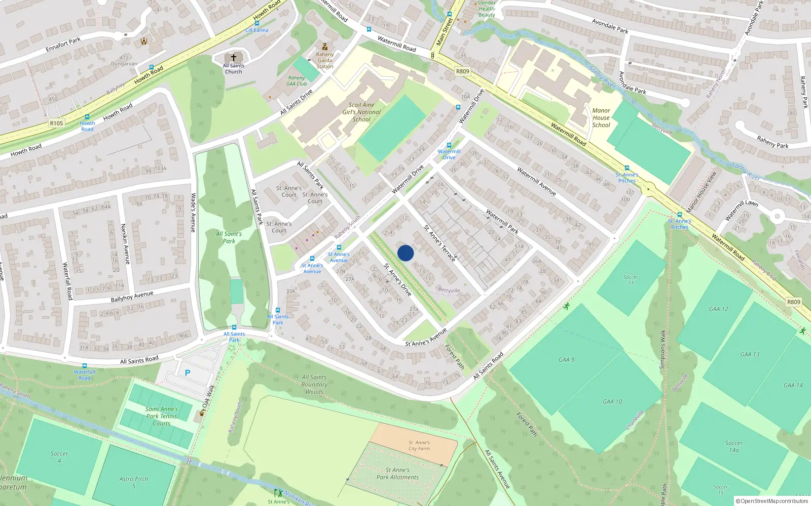 Overhead map showing the location of 5 St Annes Drive, Raheny, Dublin 5