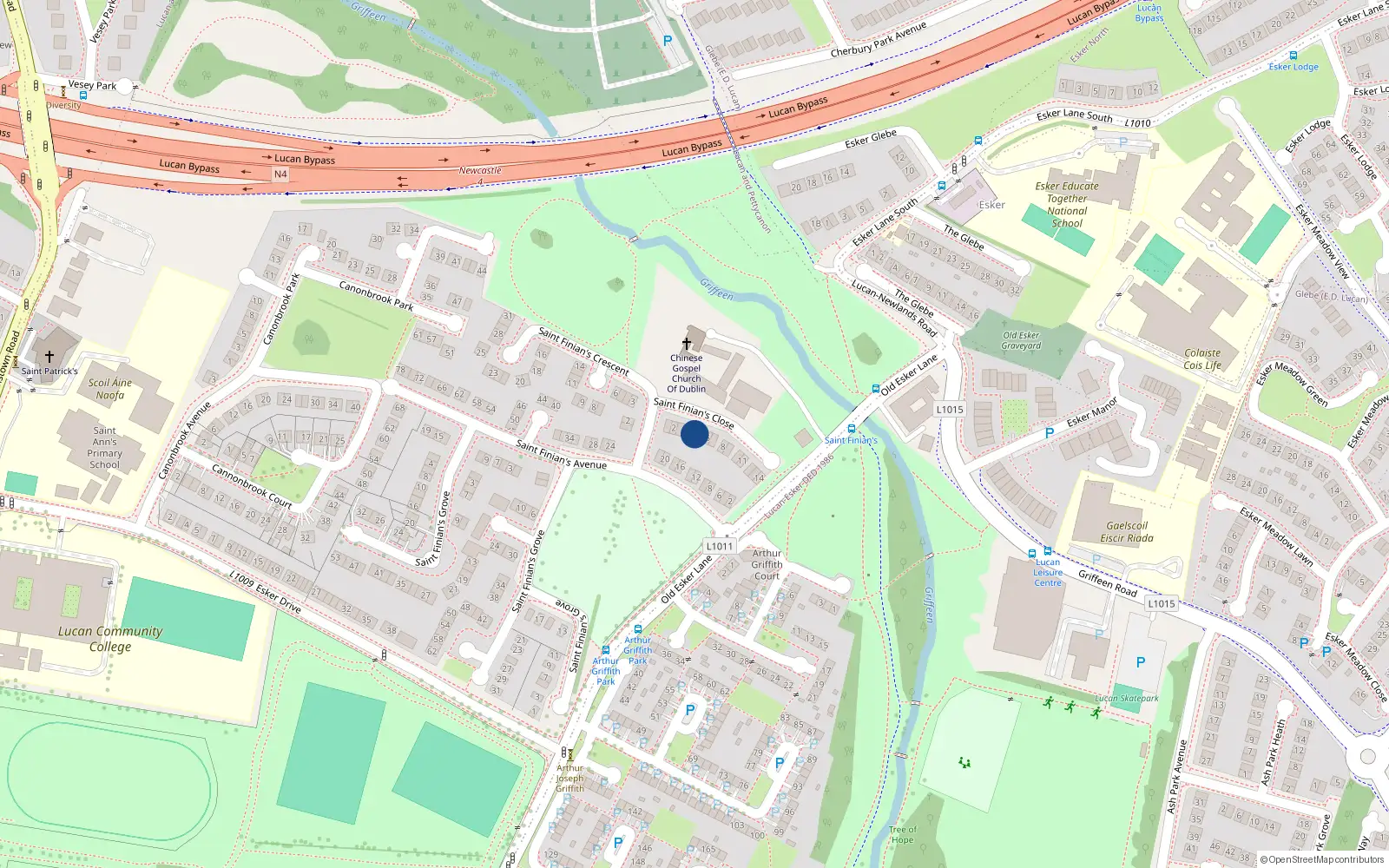 Overhead map showing the location of 5 St Finian's Close, Lucan, Co Dublin