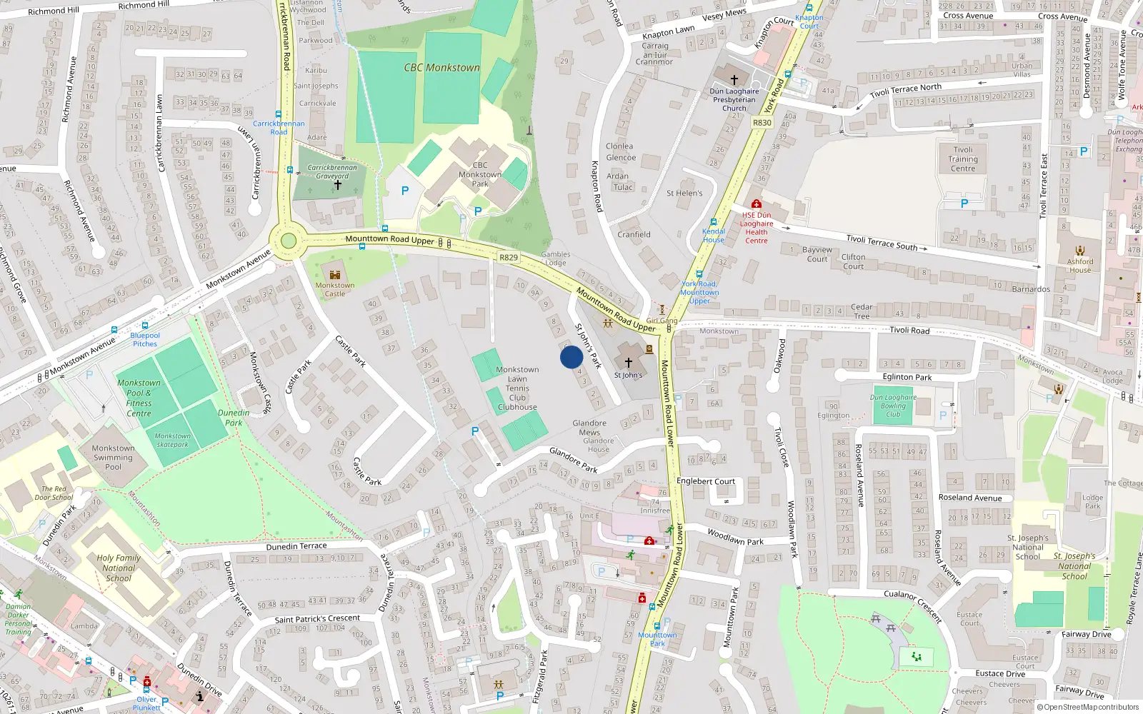 Overhead map showing the location of 5 St. Johns Park, Upper Mounttown Road, Monkstown
