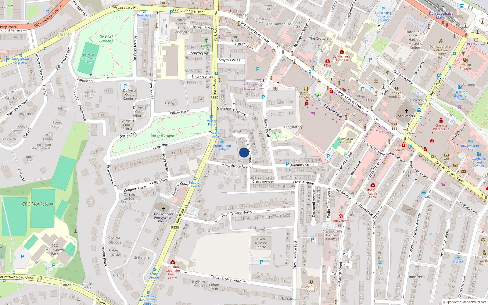 Overhead map showing the location of 5 St Marys St, Dun Laoghaire, Dublin