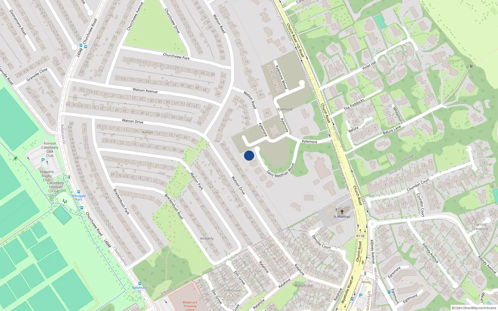 Overhead map showing the location of 5 St Matthias Wood, Church Road, Killiney
