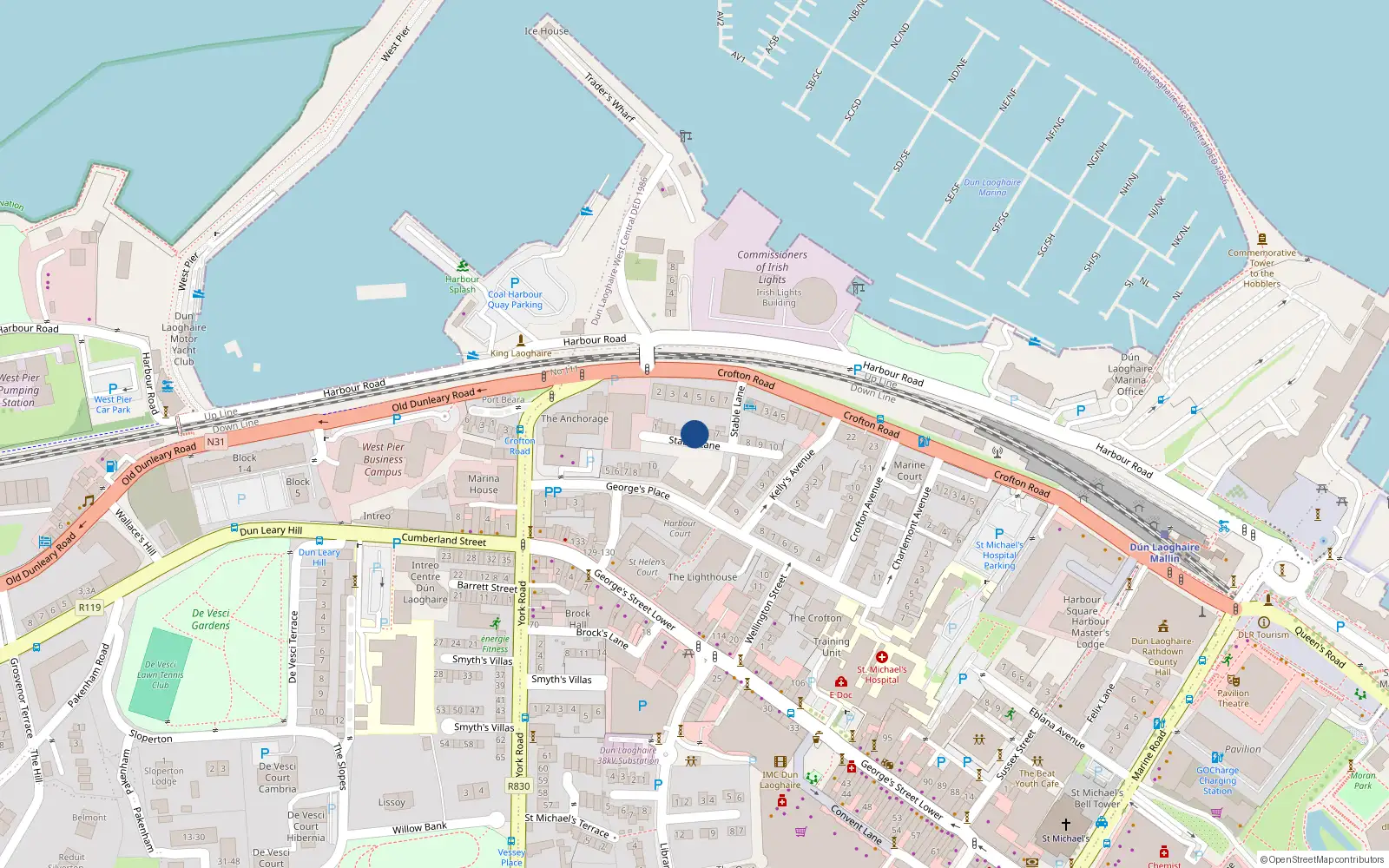 Overhead map showing the location of 5 Stable Lane, Dun Laoghaire