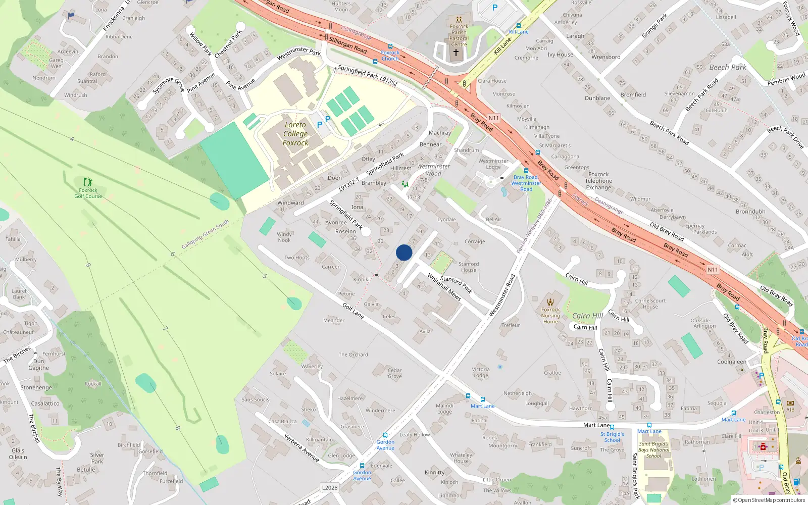 Overhead map showing the location of 5 Stanford Park, Dublin 18
