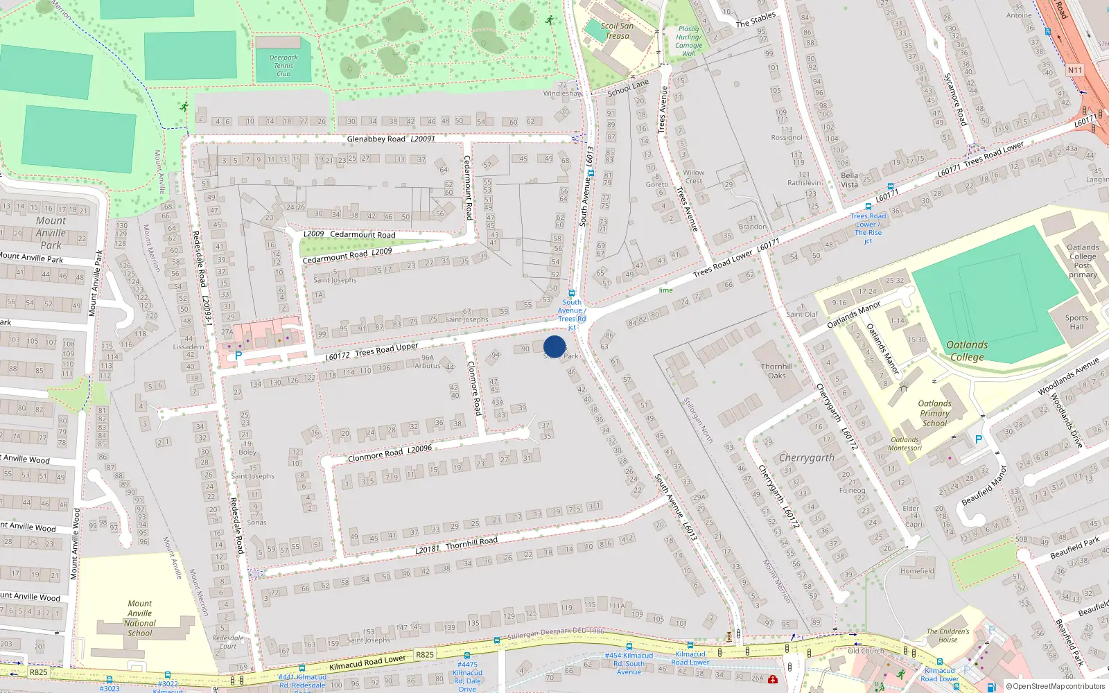 Overhead map showing the location of 5 Stone Park, Trees Road Upper, Mount Merrion
