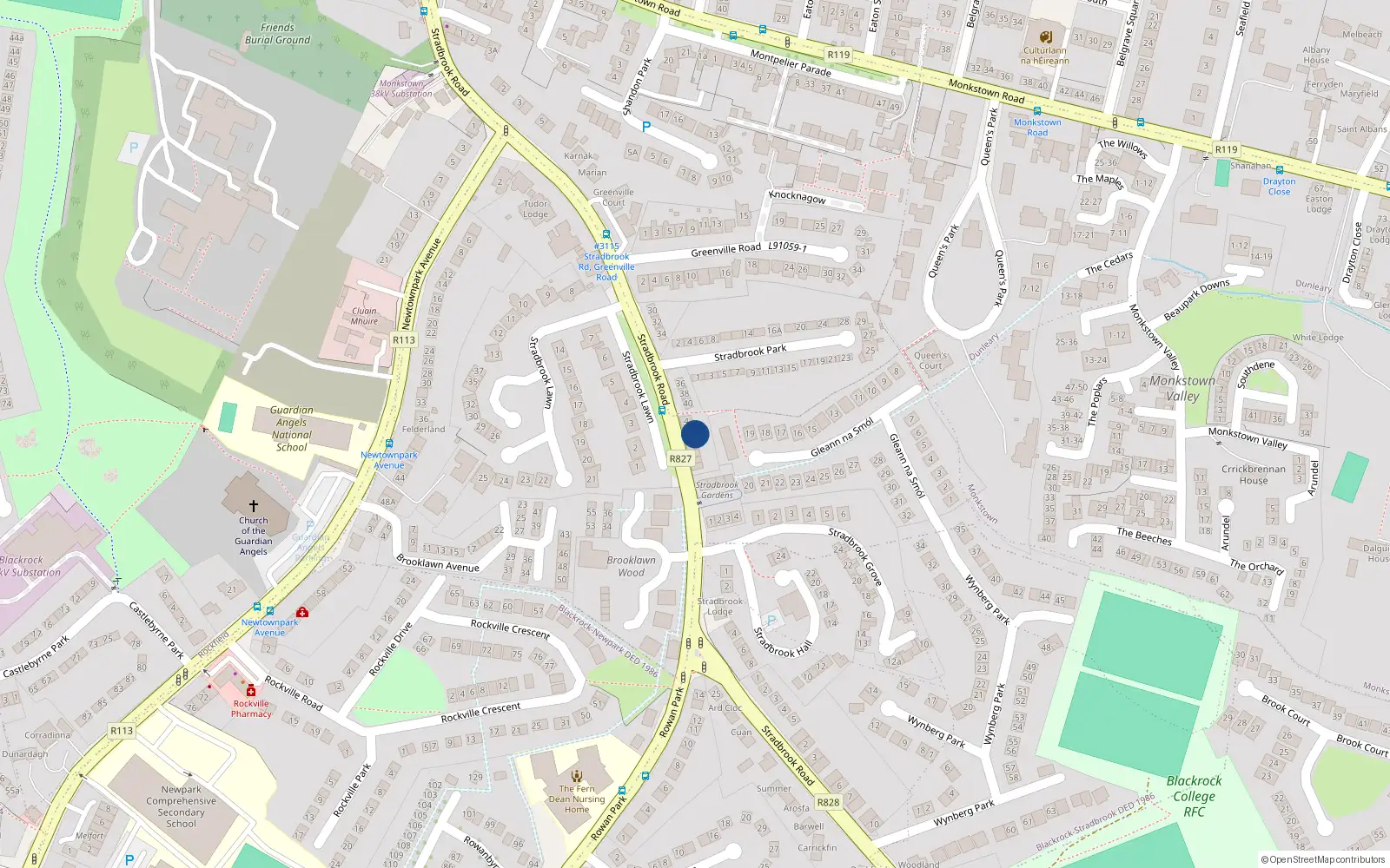 Overhead map showing the location of 5 Stradbrook Road, Blackrock