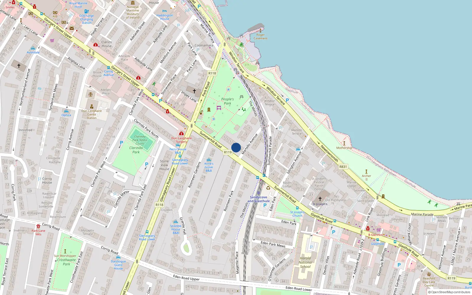 Overhead map showing the location of 5 Summerhill Road, Dun Laoghaire, Dublin