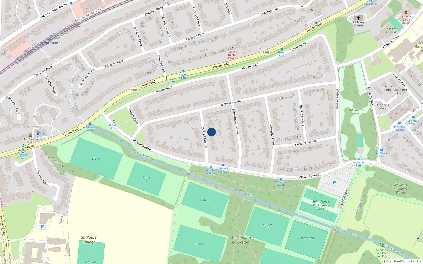 Overhead map showing the location of 5 Sybil Hill Avenue, Dublin 5