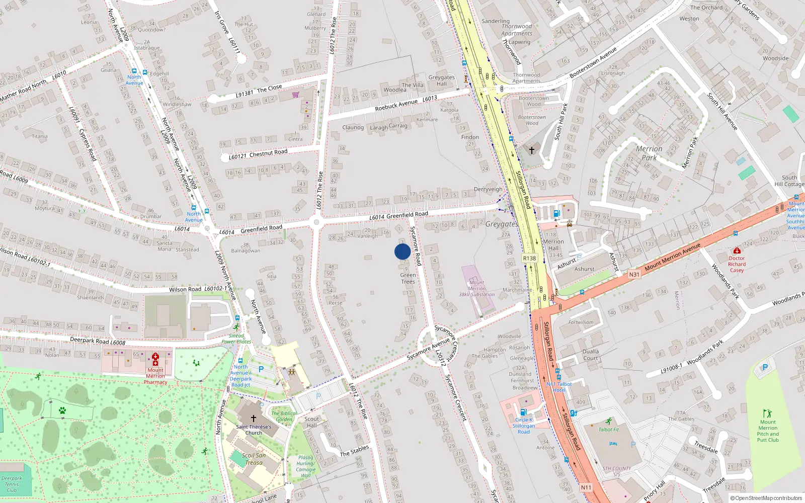Overhead map showing the location of 5 Sycamore Road, Mount Merrion, Co Dublin