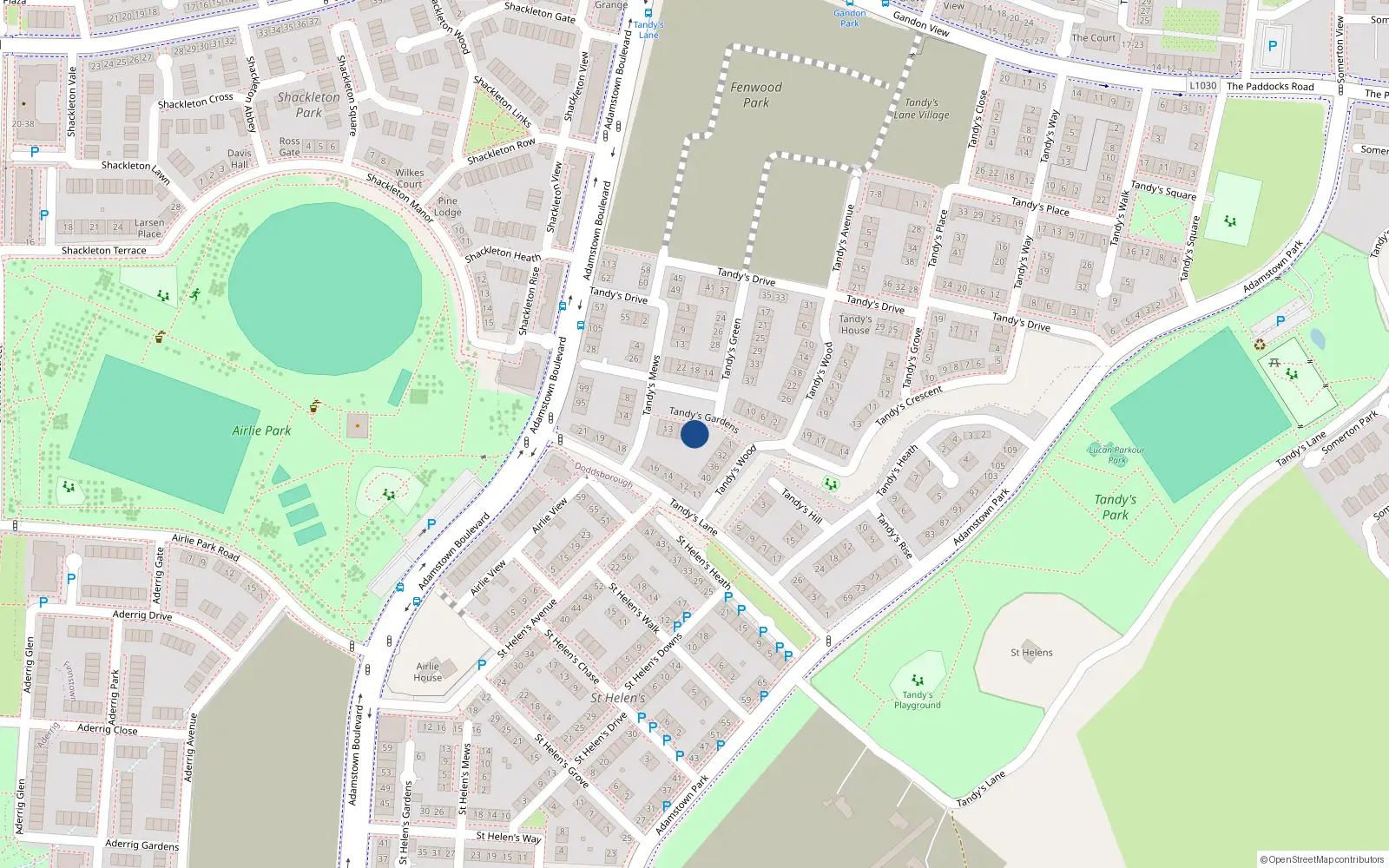 Overhead map showing the location of 5 Tandy's Gardens, Adamstown, Lucan
