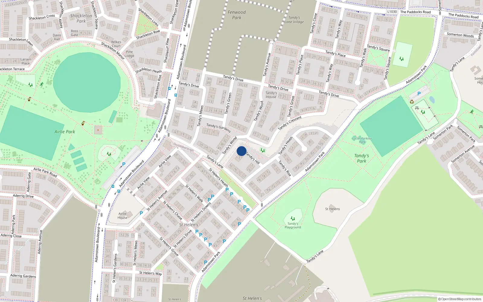 Overhead map showing the location of 5 Tandy’s Hill, Finnstown