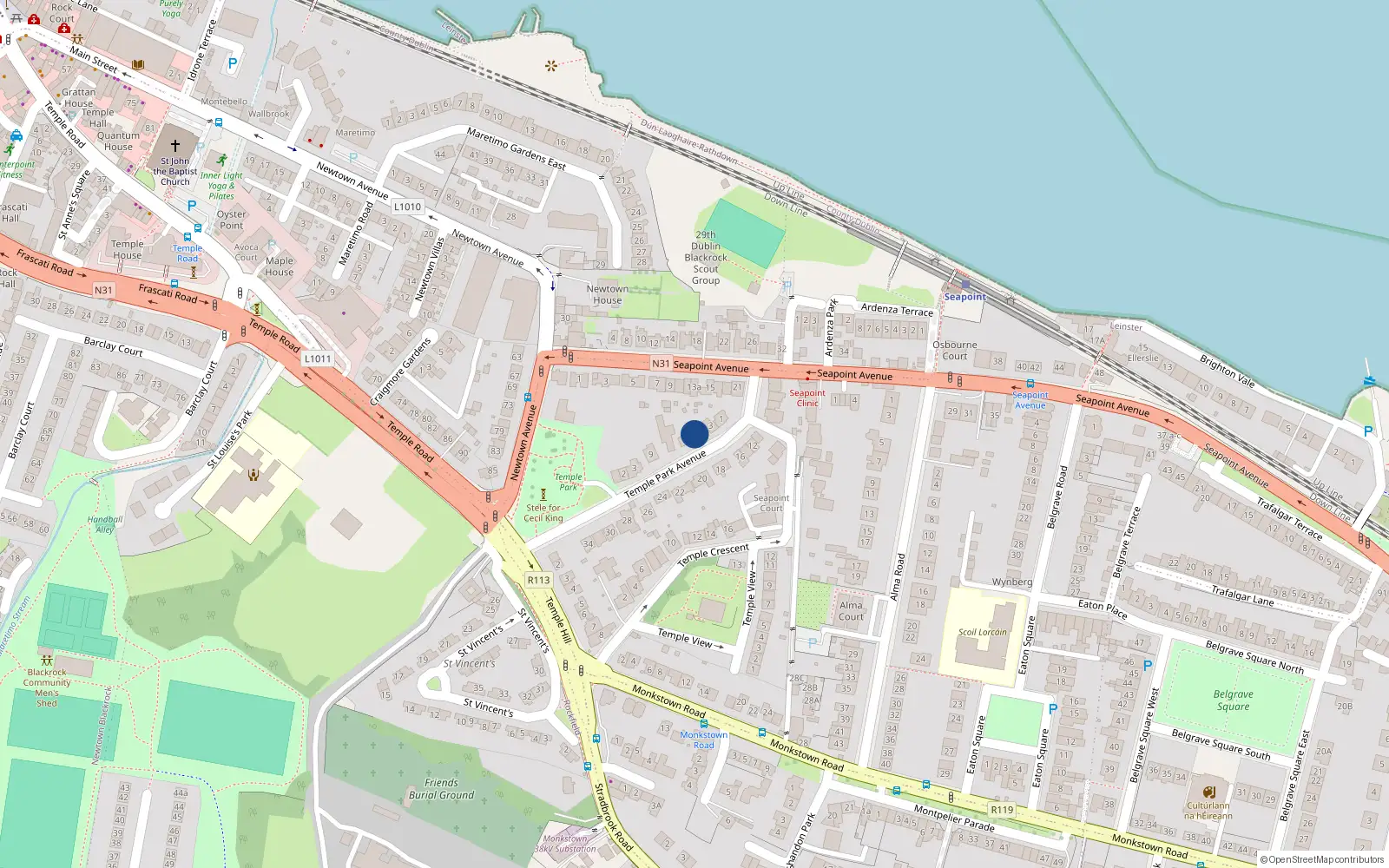 Overhead map showing the location of 5 Temple Park Avenue, Monkstown