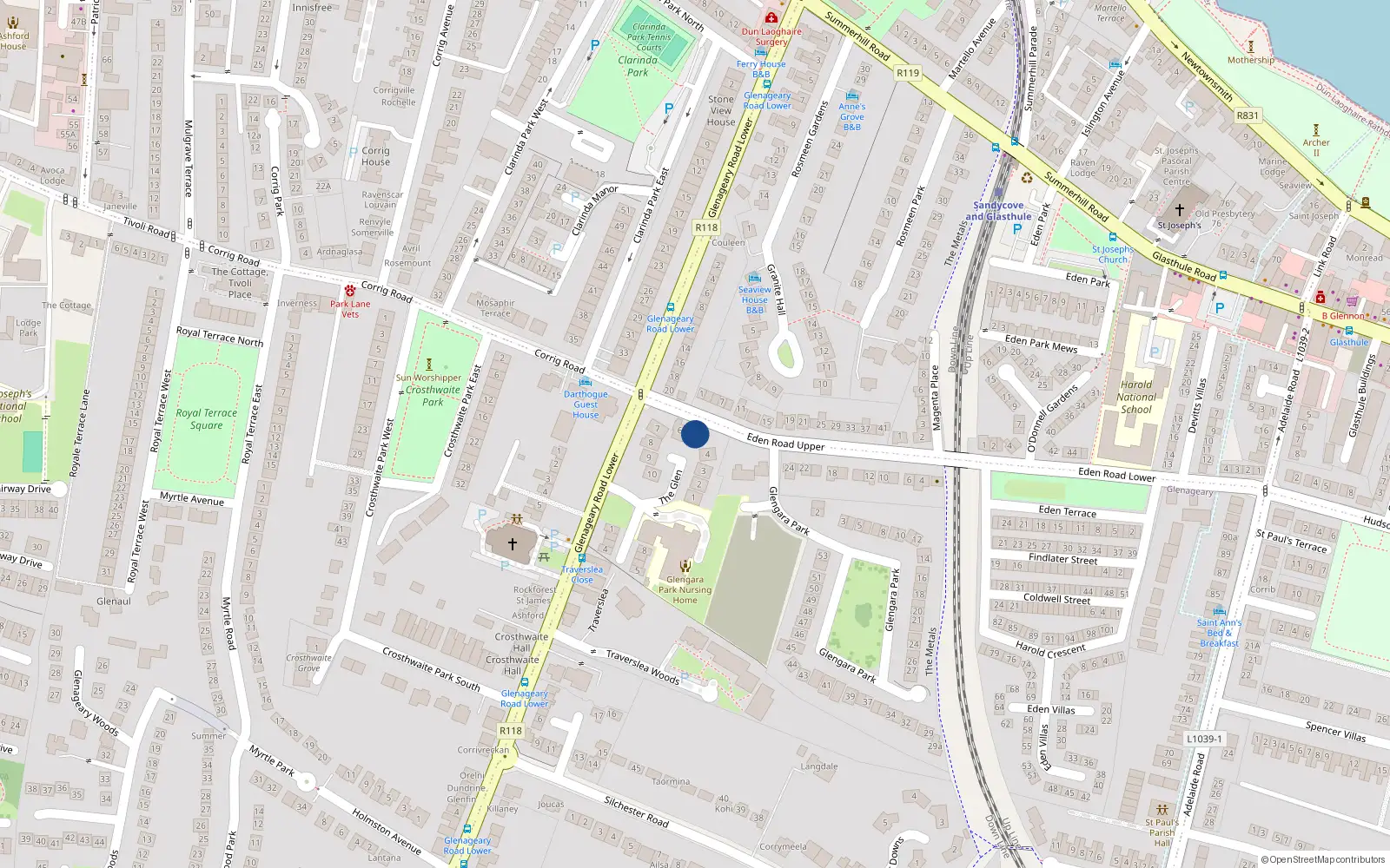 Overhead map showing the location of 5 The Glen, Glenageary