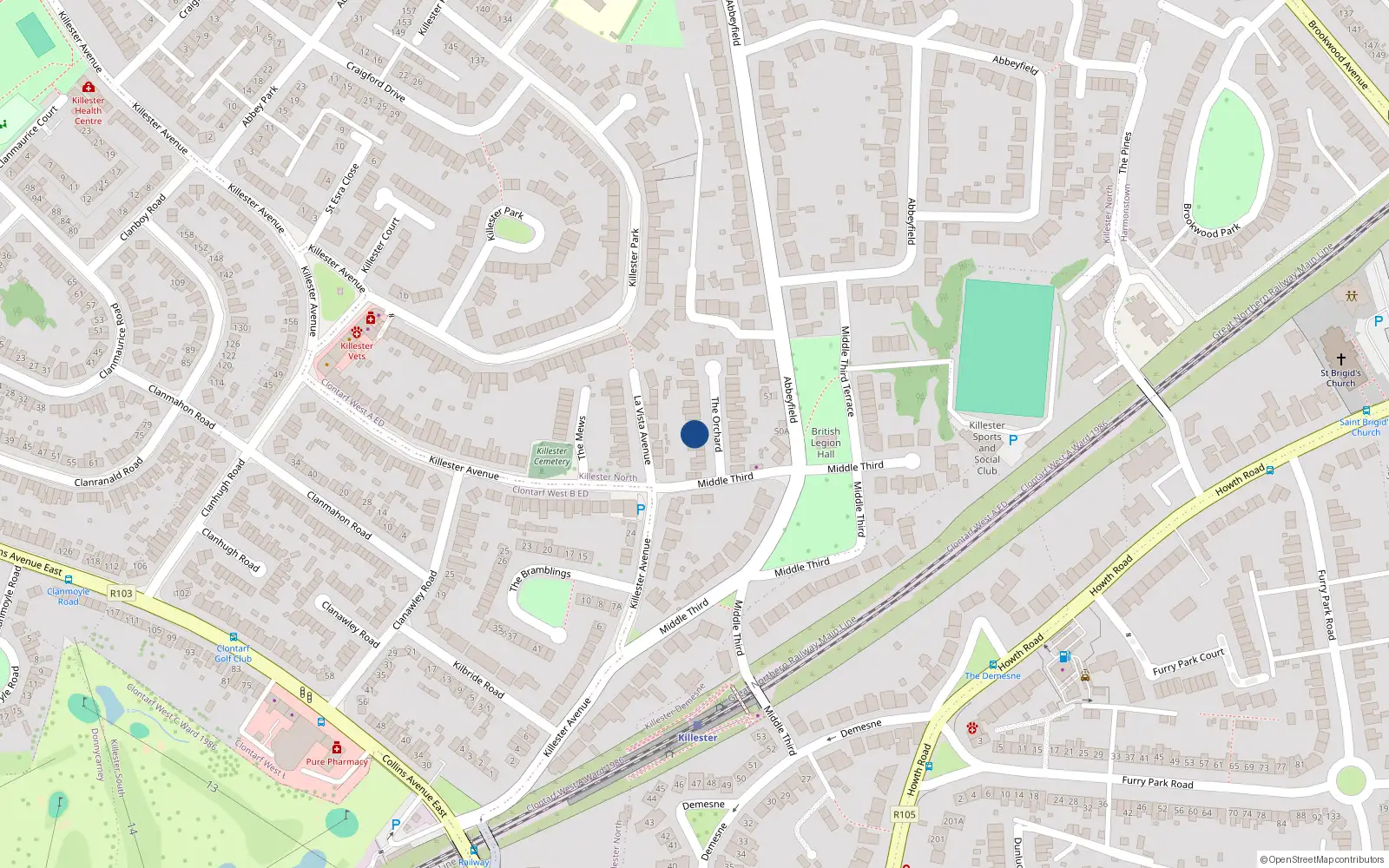 Overhead map showing the location of 5 The Orchard, Dublin 5