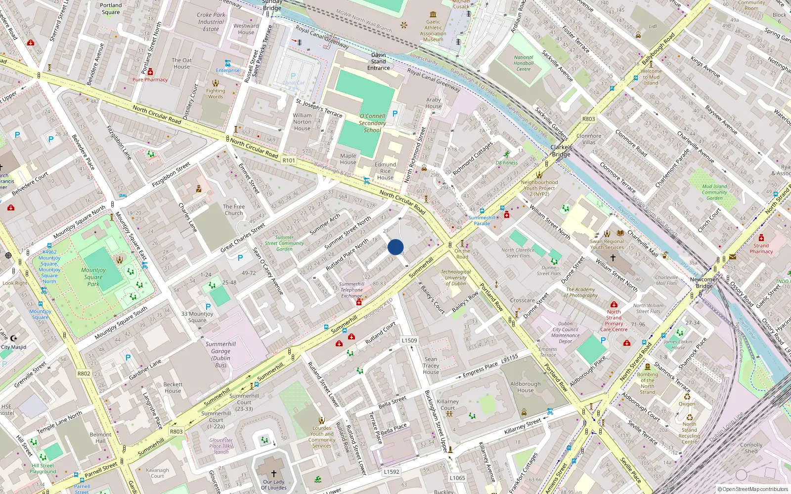 Overhead map showing the location of 5 Thompsons Cottages, Summer Hill, Dublin 1