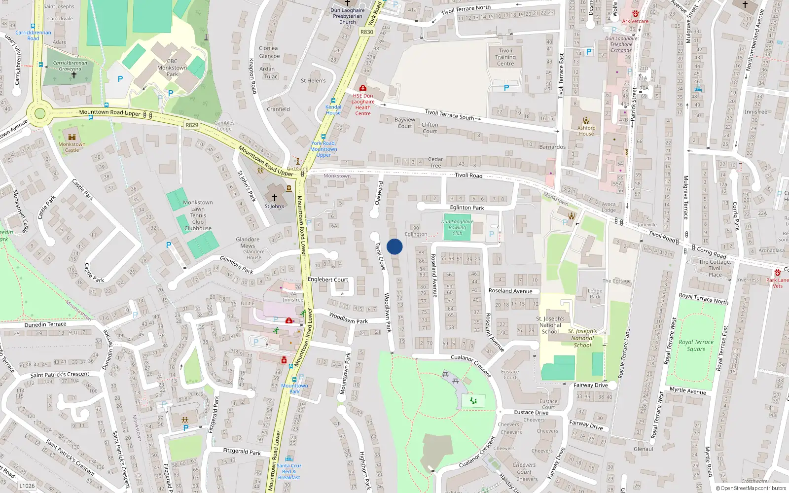 Overhead map showing the location of 5 Tivoli Close, Dublin