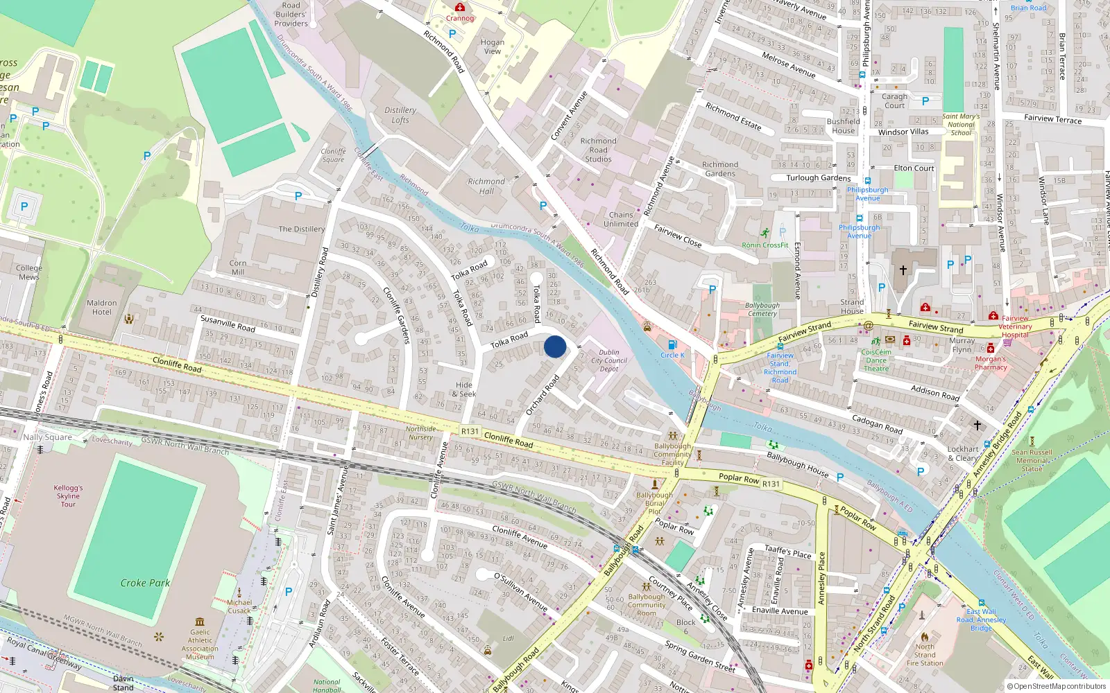 Overhead map showing the location of 5 Tolka Road, Dublin 3