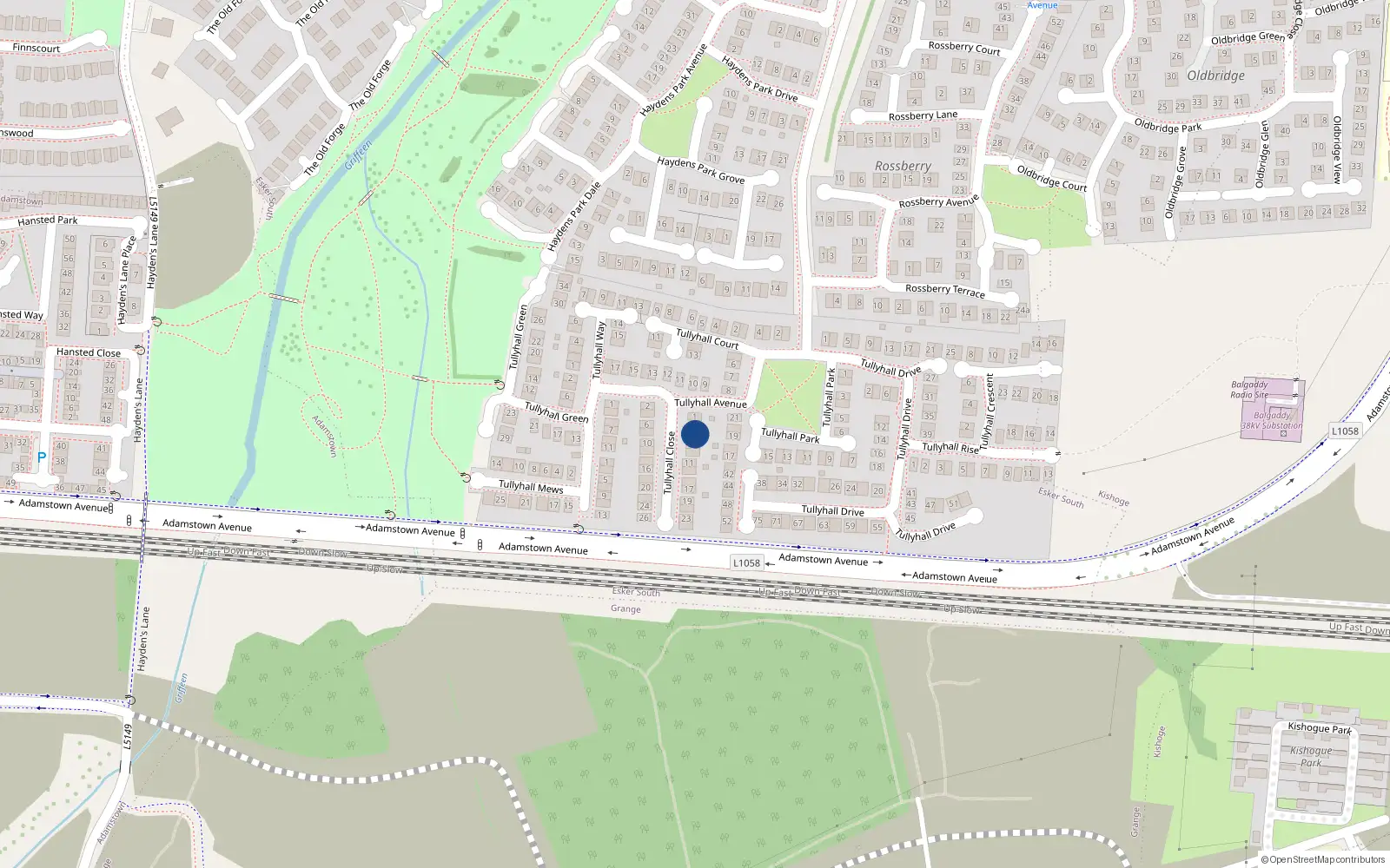 Overhead map showing the location of 5 Tullyhall Close, Lucan