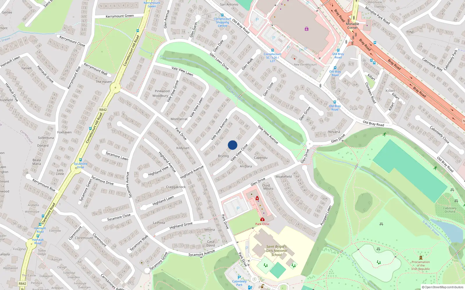 Overhead map showing the location of 5 Vale View Close, Cabinteely