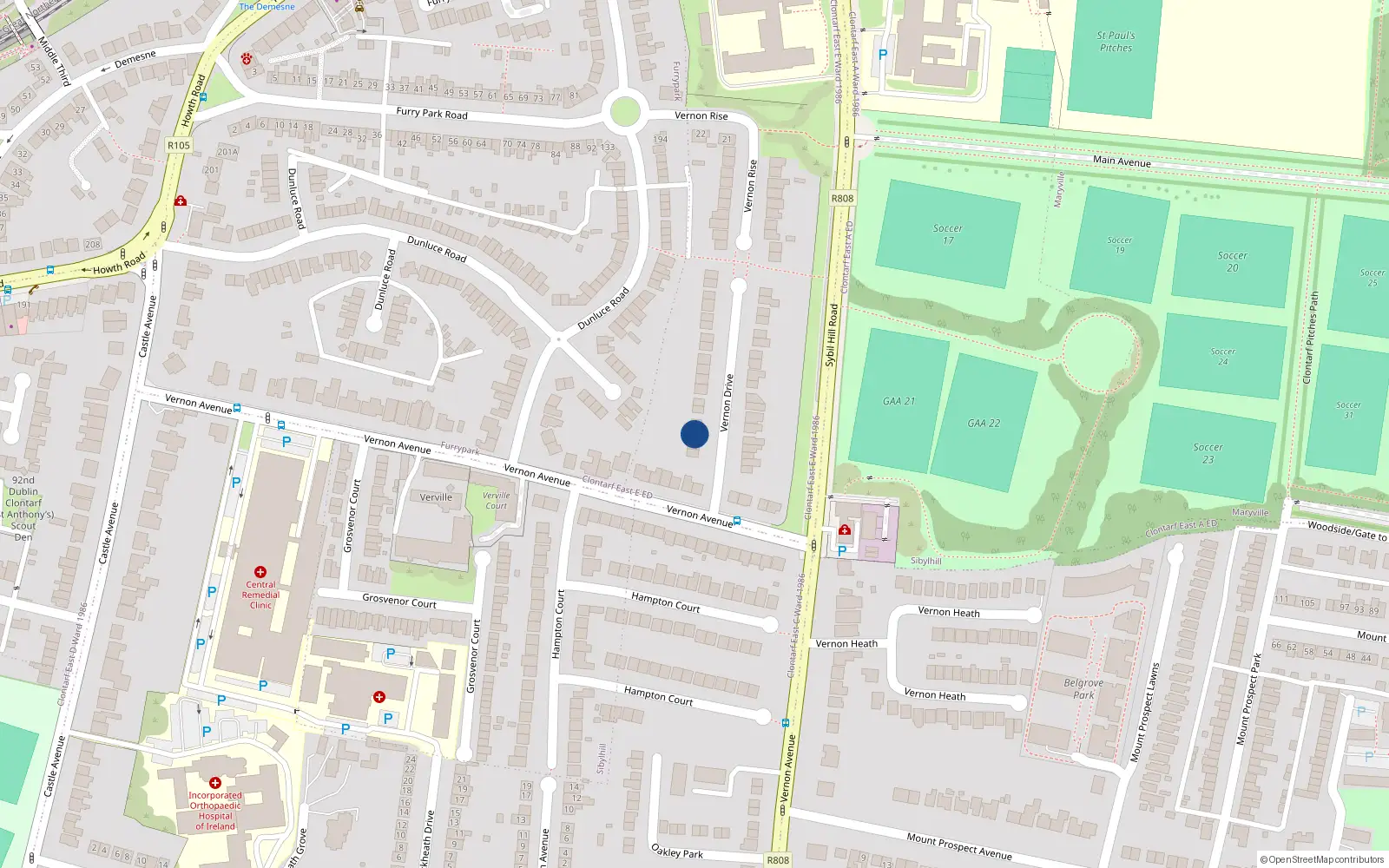 Overhead map showing the location of 5 Vernon Drive, Clontarf, Dublin 3