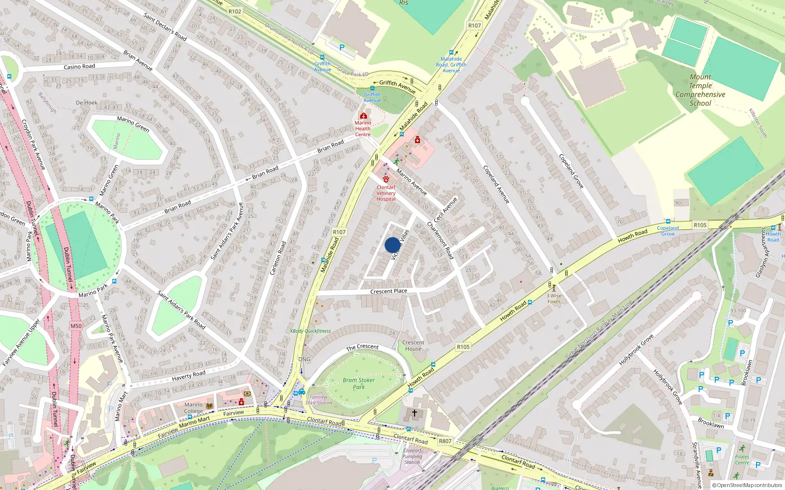 Overhead map showing the location of 5 Victoria Villas, Clontarf, Dublin 3