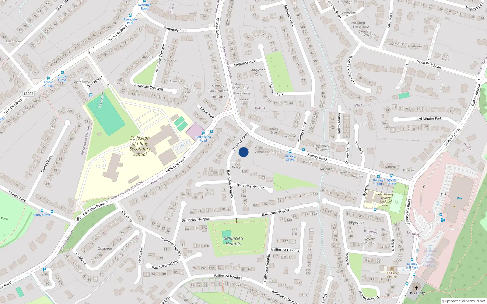 Overhead map showing the location of 5 Wanford Close, Killiney