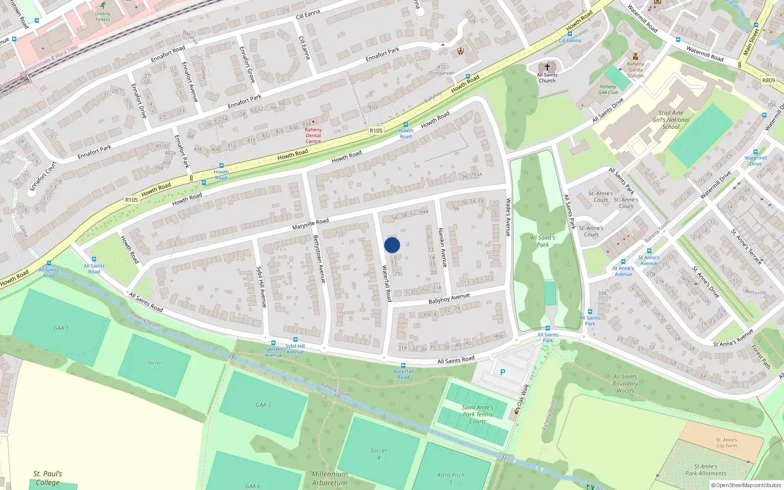 Overhead map showing the location of 5 Waterfall Road, Dublin 5