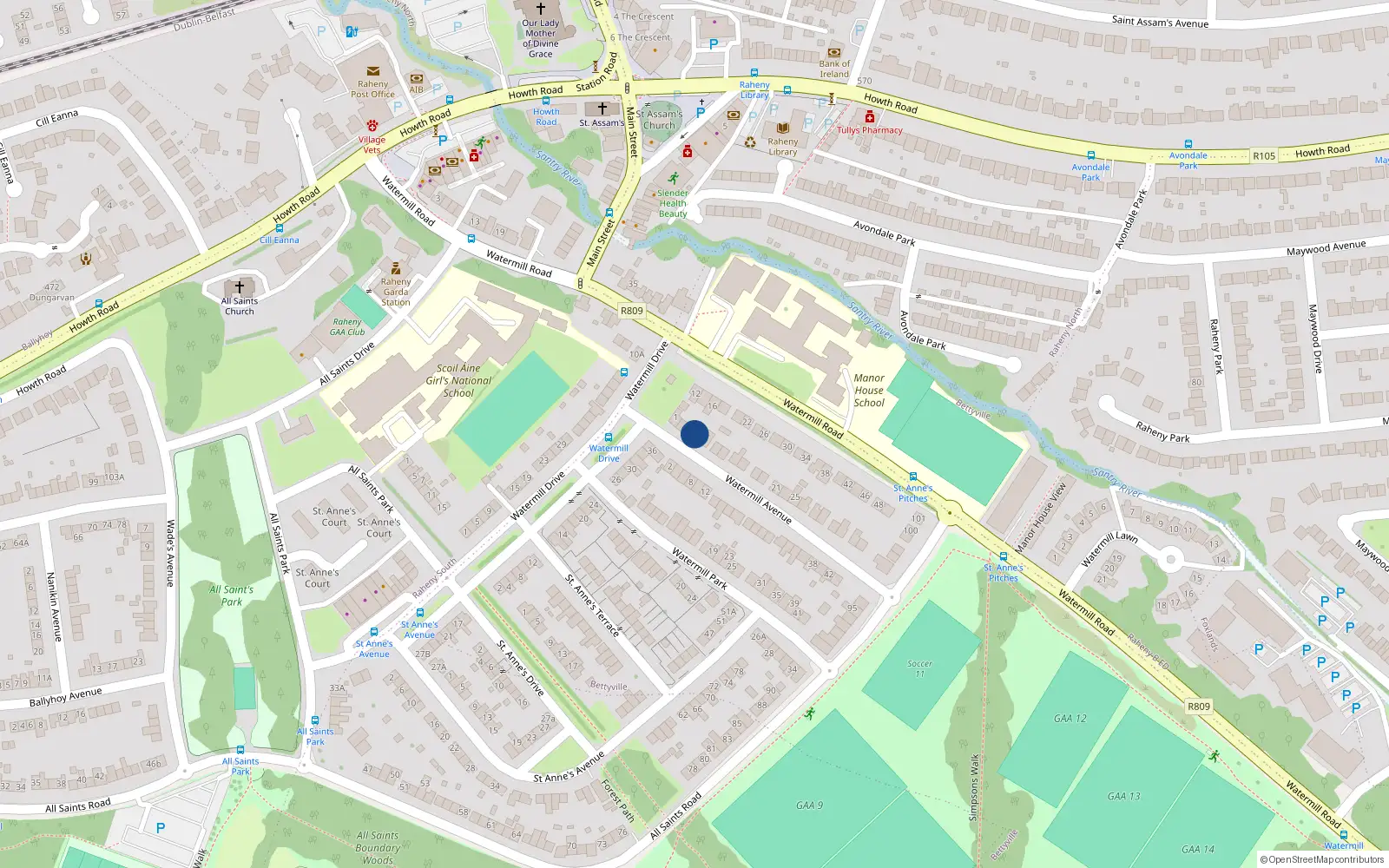 Overhead map showing the location of 5 Watermill Avenue, Raheny, Dublin 5