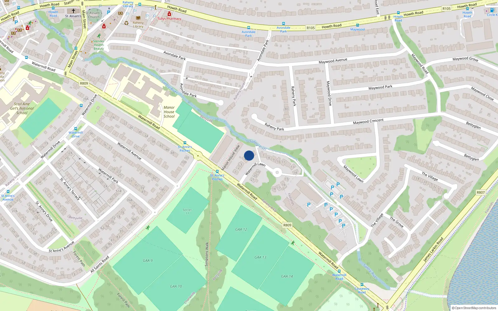 Overhead map showing the location of 5 Watermill Lawn, Dublin 5