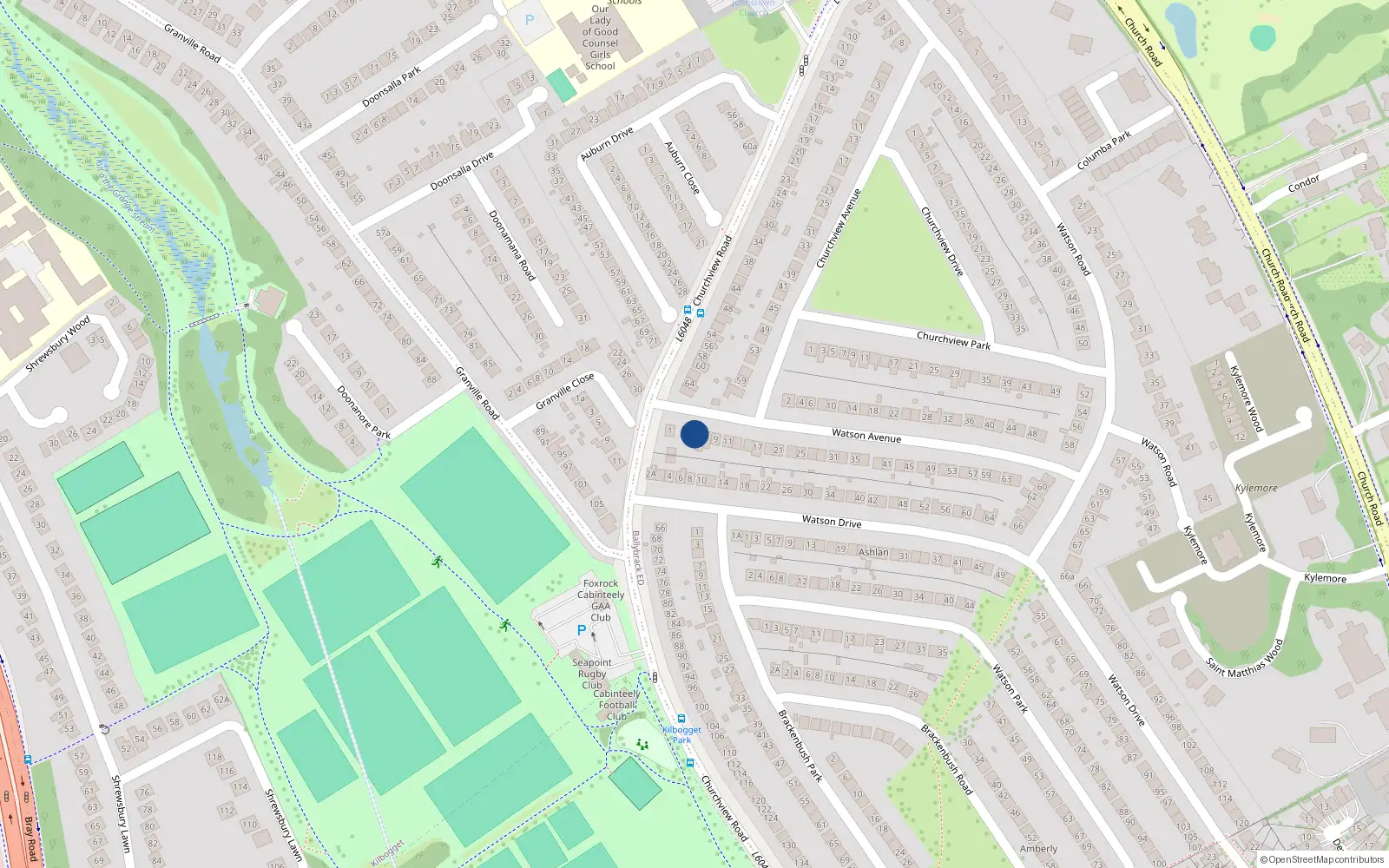 Overhead map showing the location of 5 Watson Avenue, Killiney